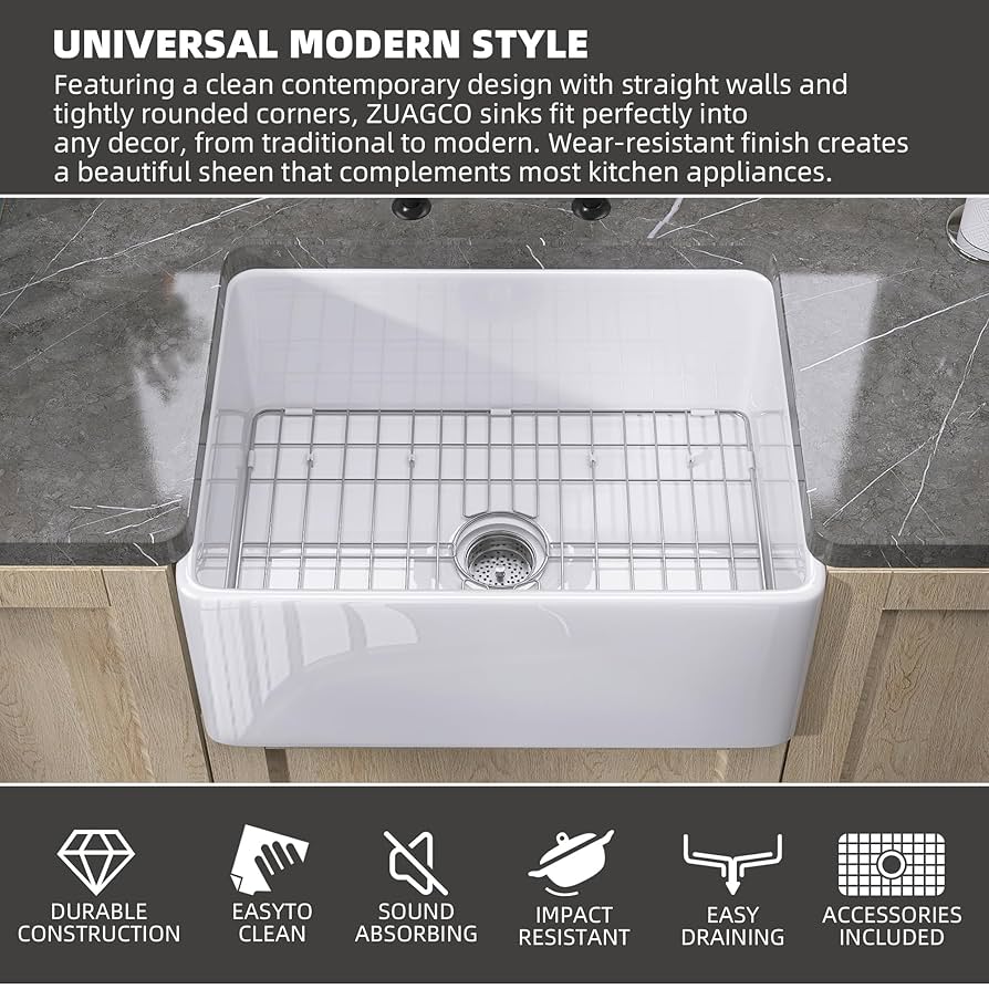 ZUAGCO Small Farmhouse Sink 24 X18 White Fireclay Undermount